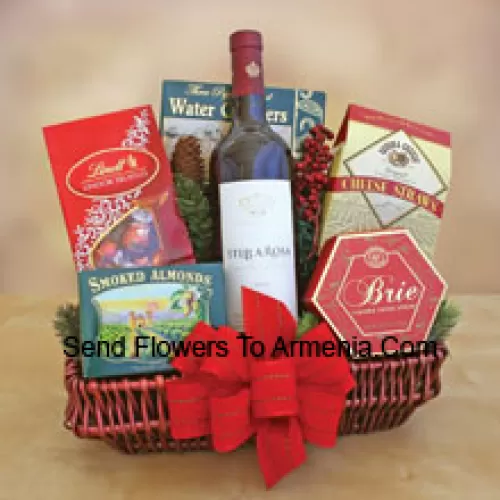 This beautiful Gift basket includes a bottle of California cabernet sauvignon, savory smoked almonds, cheese, water crackers, crisp cheese straws and Lindt chocolate truffles. (Contents of basket including wine may vary by season and delivery location. In case of unavailability of a certain product we will substitute the same with a product of equal or higher value)