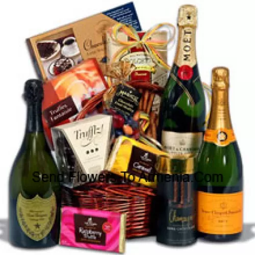 This Christmas Gift Basket Includes Moet & Chandon White Star Champagne - 750 ml, Veuve Clicquot Ponsardin Yellow Label - 750 ml, Dom Perignon - 750 ml, Champagne Trufflz by Marich, Toasted Almond Chocolate Lace by Hauser Chocolatier, Dark Raspberry Truffle Bar by Lake Champlain Chocolates,  Milk Caramel Truffle Bar by Lake Champlain, Truffles Fantaisie by Guyaux Chocolatier, Champagne Sticks by Sweet Candy, Chocolate Fruit Medley in Colored Shells by Marich And Chocolate Wafer Rolls by Dolcetto. (Contents of basket including wine may vary by season and delivery location. In case of unavailability of a certain product we will substitute the same with a product of equal or higher value)