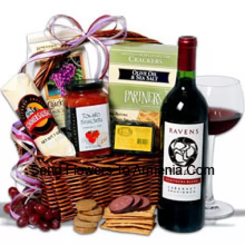 This Christmas Gift basket includes Ravenswood Cabernet Sauvignon – 750 ml, Hors Doeuvre Deli Style Crackers by Partners, Tomato Bruschetta by Elki, Red Wine Biscuit by American Vintage, Hickory & Maple Smoked Cheese by Sugarbush Farm and Butcher Wrapped Summer Sausage by Sparrer Sausage Co. (Contents of basket including wine may vary by season and delivery location. In case of unavailability of a certain product we will substitute the same with a product of equal or higher value)