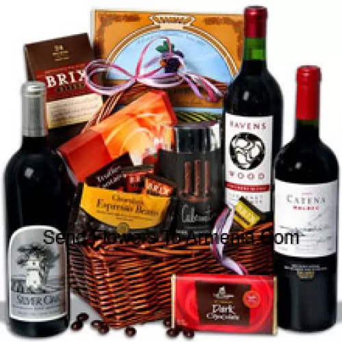 This Exclusive Gift Basket Includes Ravenswood Cabernet Sauvignon – 750 ml, Catena Malbec Mendoza – 750 ml, Silver Oak Alexander Valley Cabernet Sauvignon – 750ml, Signature Dark Chocolate Bar By Lake Champlain, Dark Chocolate Espresso Beans By Marich, Chocolatier Truffles Fantaisie by Guyaux Chocolates, Mocha Chocolate California Wine Wafer by Sacramento Cookie Co, Cabernet Flavored Dark Chocolate Gel Sticks by Sweet Candy Co and Brix Bites by Brix. (Contents of basket including wine may vary by season and delivery location. In case of unavailability of a certain product we will substitute the same with a product of equal or higher value)