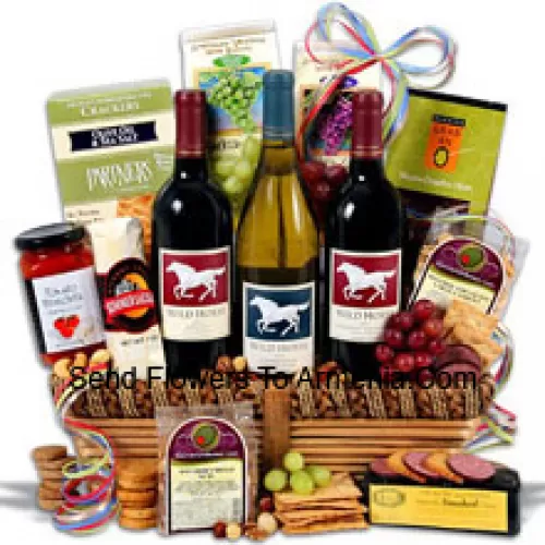 This Gift Basket Includes Wild Horse - Cabernet Sauvignon - 750ml, Wild Horse - Chardonnay - 750ml, Wild Horse - Merlot - 750ml, Hors Doeuvre Deli Style Crackers by Partners, Hickory & Maple Smoked Cheese by Sugarbush Farm, Butcher Wrapped Summer Sausage by Sparrer Sausage Co, Tomato Bruschetta by Elki, Red Wine Biscuit by American Vintage, White Wine Biscuit by American Vintage, Nicoise Olives by Barnier, Cashews and Boulder's Mixed Nuts. (Contents of basket including wine may vary by season and delivery location. In case of unavailability of a certain product we will substitute the same with a product of equal or higher value)