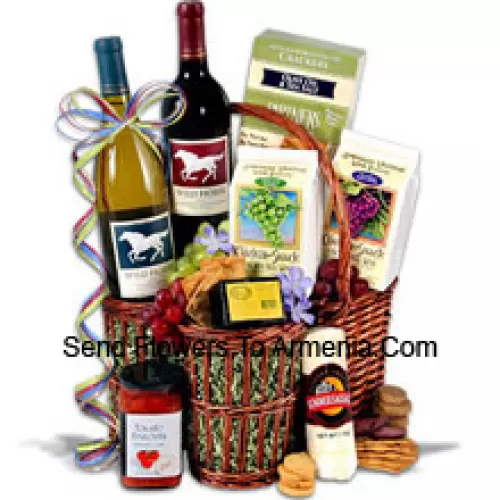 This Gift Basket Includes Wild Horse - Cabernet Sauvignon - 750ml, Wild Horse - Chardonnay - 750ml, Hors Doeuvre Deli Style Crackers by Partners, Hickory & Maple Smoked Cheese by Sugarbush Farm, Butcher Wrapped Summer Sausage by Sparrer Sausage Co, Tomato Bruschetta by Elki, Red Wine Biscuit by American Vintage and White Wine Biscuit by American Vintage.  (Contents of basket including wine may vary by season and delivery location. In case of unavailability of a certain product we will substitute the same with a product of equal or higher value)