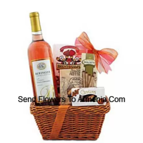 This Gift Basket includes Beringer White Zinfandel Blush Wine, Guylian Belgian chocolate shells, Dolcetto filled wafer rolls, Brent & Sam’s raspberry chocolate chip cookies and East Shore Specialty honey wheat pretzels. (Contents of basket including wine may vary by season and delivery location. In case of unavailability of a certain product we will substitute the same with a product of equal or higher value)