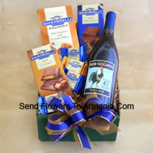 This Gift Basket includes A bottle of fine California Cabernet, Ghirardelli chocolate squares and Ghirardelli chocolate bars in milk and caramel. (Contents of basket including wine may vary by season and delivery location. In case of unavailability of a certain product we will substitute the same with a product of equal or higher value)