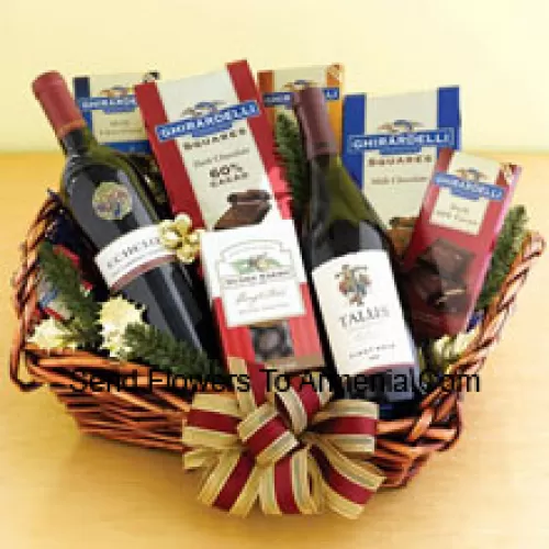 This Gift Basket Includes Two bottles of bold red wine, Chocolate-covered poppers, Assorted Ghirardelli chocolates including dark, mint and caramel bars and squares. (Contents of basket including wine may vary by season and delivery location. In case of unavailability of a certain product we will substitute the same with a product of equal or higher value)