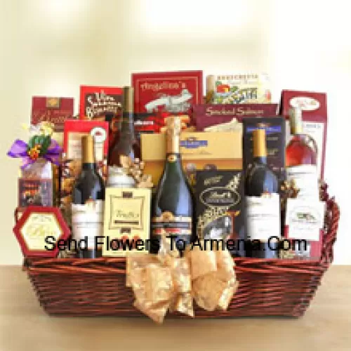 This Gift Basket contains four outstanding bottles of fine California wine – a chardonnay, a cabernet sauvignon, a sauvignon blanc and a merlot. This gift basket also includes a California sparkling wine. Other products included in this basket are peanut brittle, assorted Ghirardelli chocolates, Lindt truffles, chocolate toffee almonds, brie cheese, gourmet popcorn, bruschetta crisps, sweet butter cookies, Walker's shortbread cookies, biscotti, cranberry pecan cookies, savory snack mix, Jaquot chocolate truffles and smoked salmon. (Contents of basket including wine may vary by season and delivery location. In case of unavailability of a certain product we will substitute the same with a product of equal or higher value)