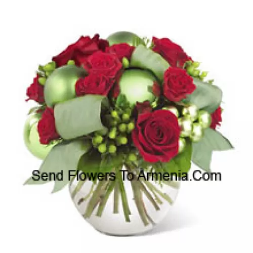 This new holiday bouquet combines festive red roses, spray roses and more with bright green ornaments and seasonal accents for a classic look with a contemporary new twist!  (Please Note That We Reserve The Right To Substitute Any Product With A Suitable Product Of Equal Value In Case Of Non-Availability Of A Certain Product)