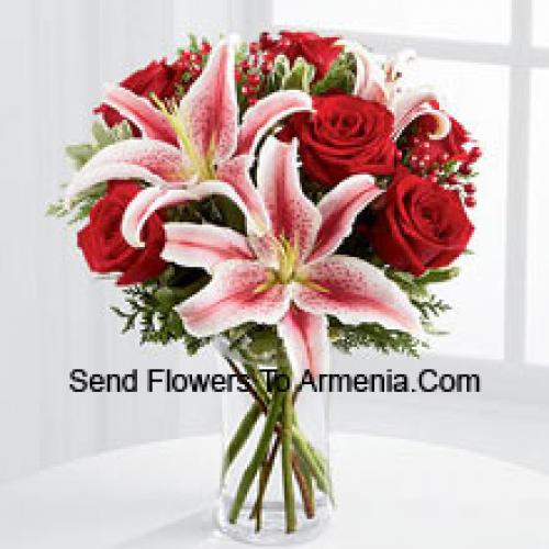 Red Roses with Stargrazer and Assorted Flowers in Vase