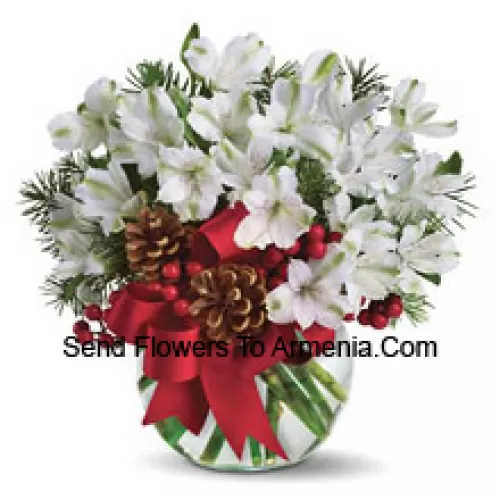 Share the magic of a white Christmas with this cheery bouquet of snowy white alstroemeria blossoms arranged in vase with festive holiday trim. (Please Note That We Reserve The Right To Substitute Any Product With A Suitable Product Of Equal Value In Case Of Non-Availability Of A Certain Product)