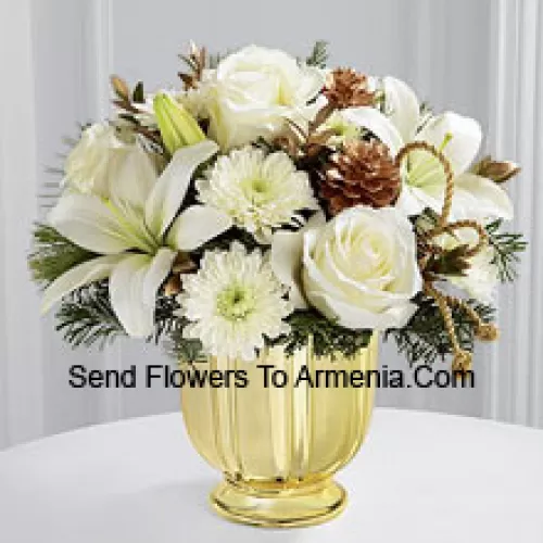 A highly sophisticated expression of the season's most dazzling moments. Snowy white roses, Asiatic lilies and chrysanthemums shed their light and beauty arranged amongst myrtle stems and assorted holiday greens. Accented by gold pinecones and gold cording and placed in a gold pedestal vase, this bouquet creates a wonderful wish for a truly wondrous holiday season. (Please Note That We Reserve The Right To Substitute Any Product With A Suitable Product Of Equal Value In Case Of Non-Availability Of A Certain Product)