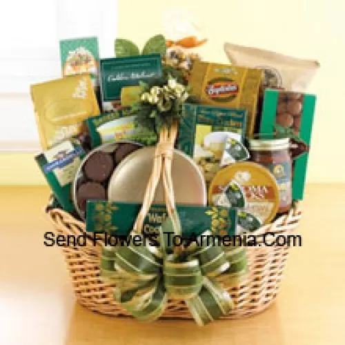 Start a tradition of sending good taste to your mom this year. Our classic wicker basket comes piled high with a gourmet assortment that is sure to please your mom. We accent the basket with green and gold ribbon and accents to make a great impression. Inside, your mom will discover an assortment that features something for everyone: Lindt chocolate truffles, smoked almonds, walnut cookies, chocolate cookies, chocolate-covered popcorn, cheese, crackers, a Ghirardelli chocolate bar, tortilla chips, salsa, chocolate wafer cookies , cheese swirls, and chocolate-covered sandwich cookies. (Please Note That We Reserve The Right To Substitute Any Product With A Suitable Product Of Equal Value In Case Of Non-Availability Of A Certain Product)