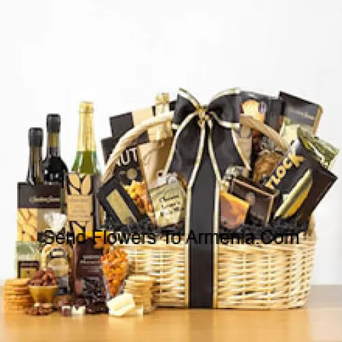 Designed to create a grand impression, our delightful willow basket sports an elegant black and gold color scheme. The basket is filled with a superior selection of gourmet goodies - Honey Mustard Pretzels, Cheese Lover's Pub Mix, Fancy Water Crackers, Smoked Salmon, All Natural Sharp Cheddar, Dutch Gouda Cheese Biscuits, Deluxe Mixed Nuts, Pistachio Pralines, Swedish Oat Crisps, Belgian Chocolate Petites, Godiva Dark Chocolate Almonds, Raspberry Chocolate Espresso Cake, House Blend Coffee, Sisters Classic Breakfast Tea and a bottle of non-alcoholic Sparkling Apple Cider. (Please Note That We Reserve The Right To Substitute Any Product With A Suitable Product Of Equal Value In Case Of Non-Availability Of A Certain Product)