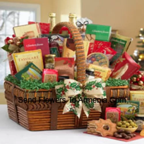 Send your love with this impressive gift basket that's all decked out for the Mother's Day. With the artful details of the handsomely crafted basket and the world of fancy flavors nestled inside, it festively captures the spirit of the season. The small includes a bountiful assortment with Tomato Basil Pretzels, Gingerbread Cake, Zesty Cheddar Thins, Spanish Olives, Pecan Pralines, Gouda Cheese Biscuits, Cinnamon Star Cookies, Belgian Chocolate Petites, California Smoked Almonds, Rothschild Triple Berry Preserves, Chocolate Chip Cookies, Ashby Assam Tea, Savory Snack Mix, Fruit Bonbons, Blend Coffee, and Godiva Milk Chocolate Strawberries. (Please Note That We Reserve The Right To Substitute Any Product With A Suitable Product Of Equal Value In Case Of Non-Availability Of A Certain Product)