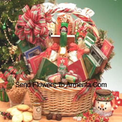 This Basket includes 2 oz White Cheddar Popcorn, 3 oz Confetti Corn, 8 oz Butter Toffee pretzels, Chocolate Cherry Delights, Chocolate Mint Delights, Peanut Butter Delights, Coconut Delights, 3 oz Summer Sausage, 3 oz Beef Salami, Grained Mustard, Stone Wheat Crackers, Starlite Mints, Creamy Brie Cheese Spread, Creamy Vegetable Spread, Chocolate Walnut Fudge, Tavolare Savory Snack Mix, Wolfgang Puck Gourmet Coffee, Cocoa and 4 oz. Honey Sweet Peanuts. (Please Note That We Reserve The Right To Substitute Any Product With A Suitable Product Of Equal Value In Case Of Non-Availability Of A Certain Product)