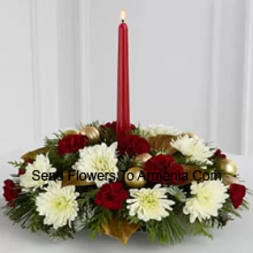 The Light & Love Holiday Centerpiece adds that special touch to any seasonal gathering. White snowflake chrysanthemums and burgundy mini carnations are accented with lush holiday greens and bedecked with matte gold glass balls, gorgeously arranged around a burgundy taper candle, to create a warm wish for a perfect holiday season. (Please Note That We Reserve The Right To Substitute Any Product With A Suitable Product Of Equal Value In Case Of Non-Availability Of A Certain Product)