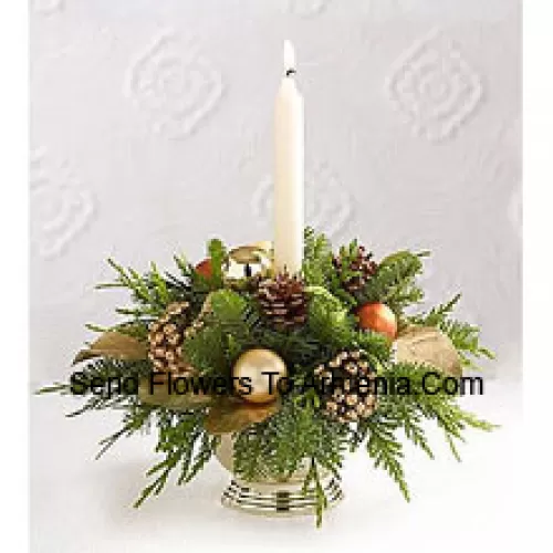 Wish all of those faces at your holiday feast a good night, glowing with seasonal dreams, with this gorgeous centerpiece perfectly accenting your table. A lovely mix of holiday greens are beautifully decorated with pine cones, golden leaves, golden holiday balls and a white taper candle setting the perfect mood and seasonal glow (Please Note That We Reserve The Right To Substitute Any Product With A Suitable Product Of Equal Value In Case Of Non-Availability Of A Certain Product)